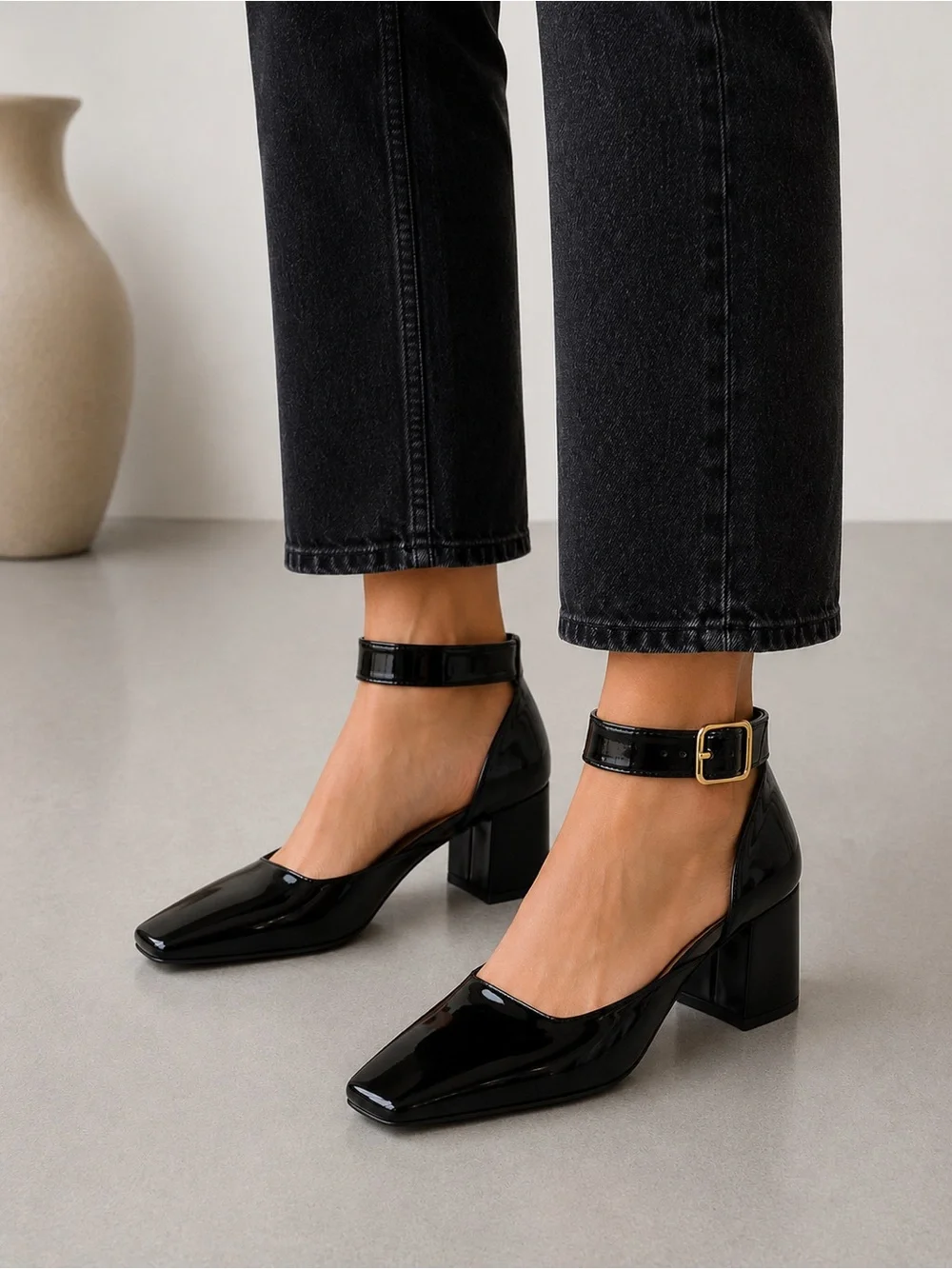 J.Crew Buckle-Strap Block Heels in Patent Leather Black